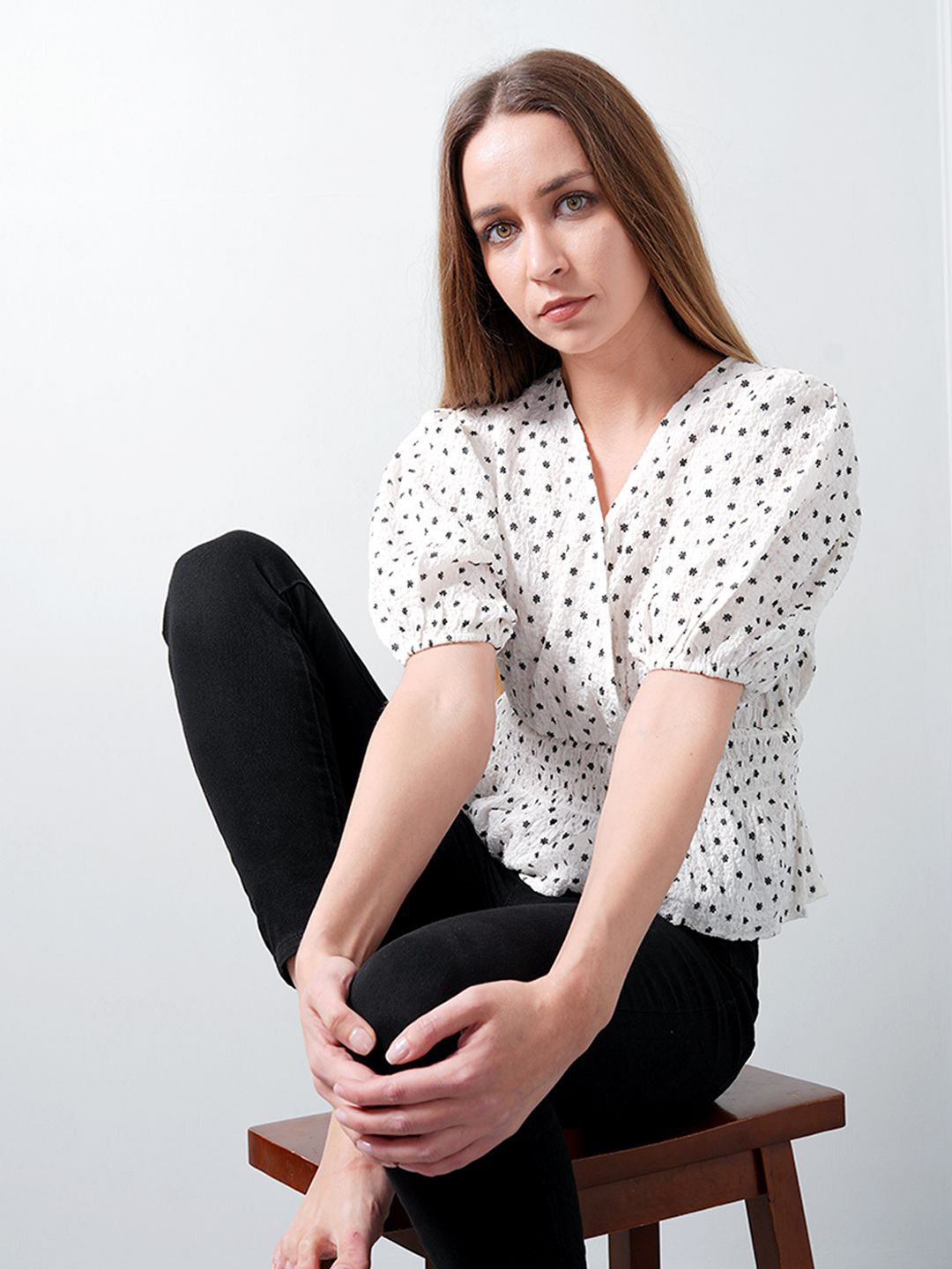 

ONLY Polka Dot Print Puff Sleeve Top, White