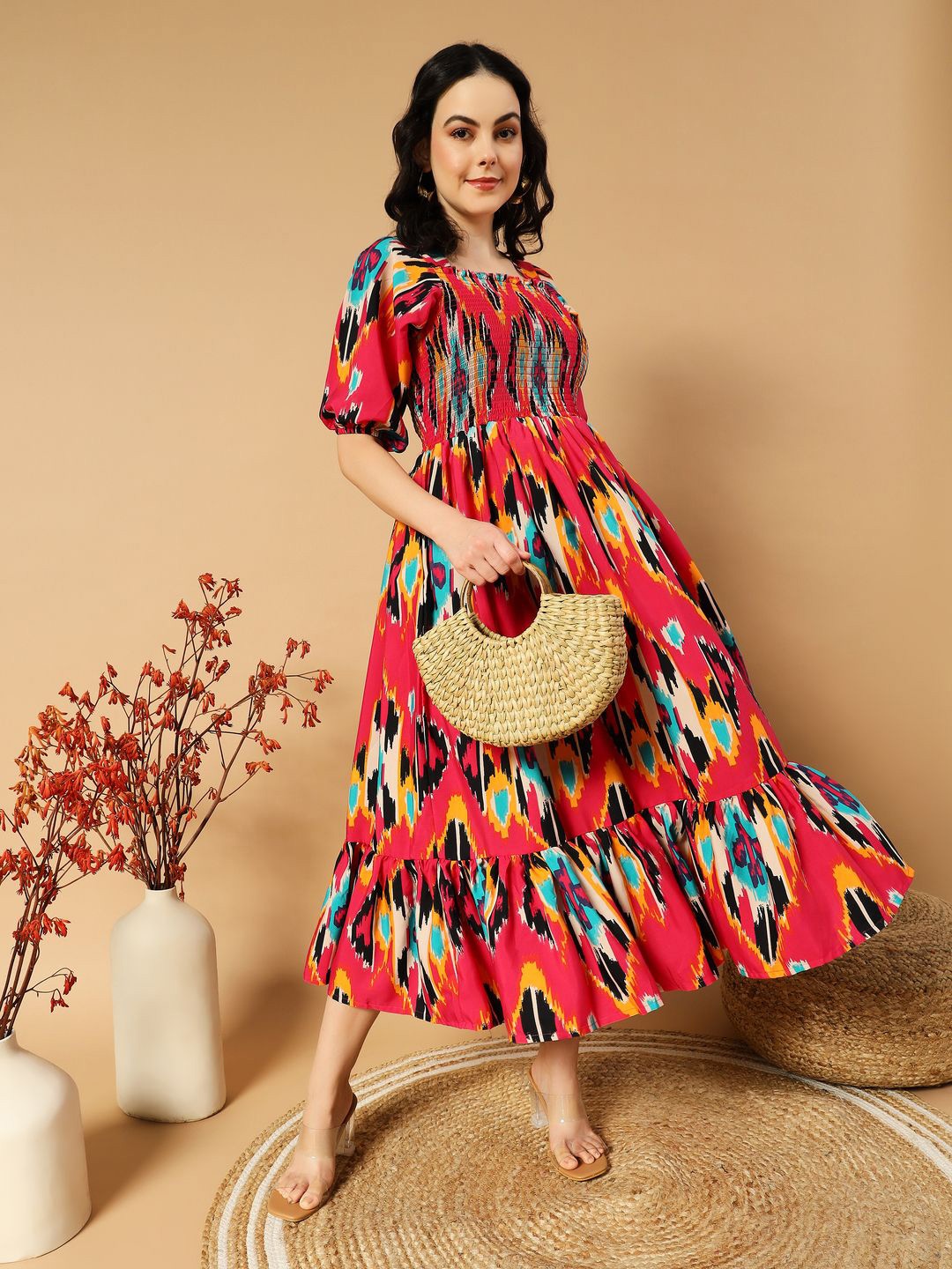

ZWERLON Print Puff Sleeve Applique A-Line Midi Dress, Pink