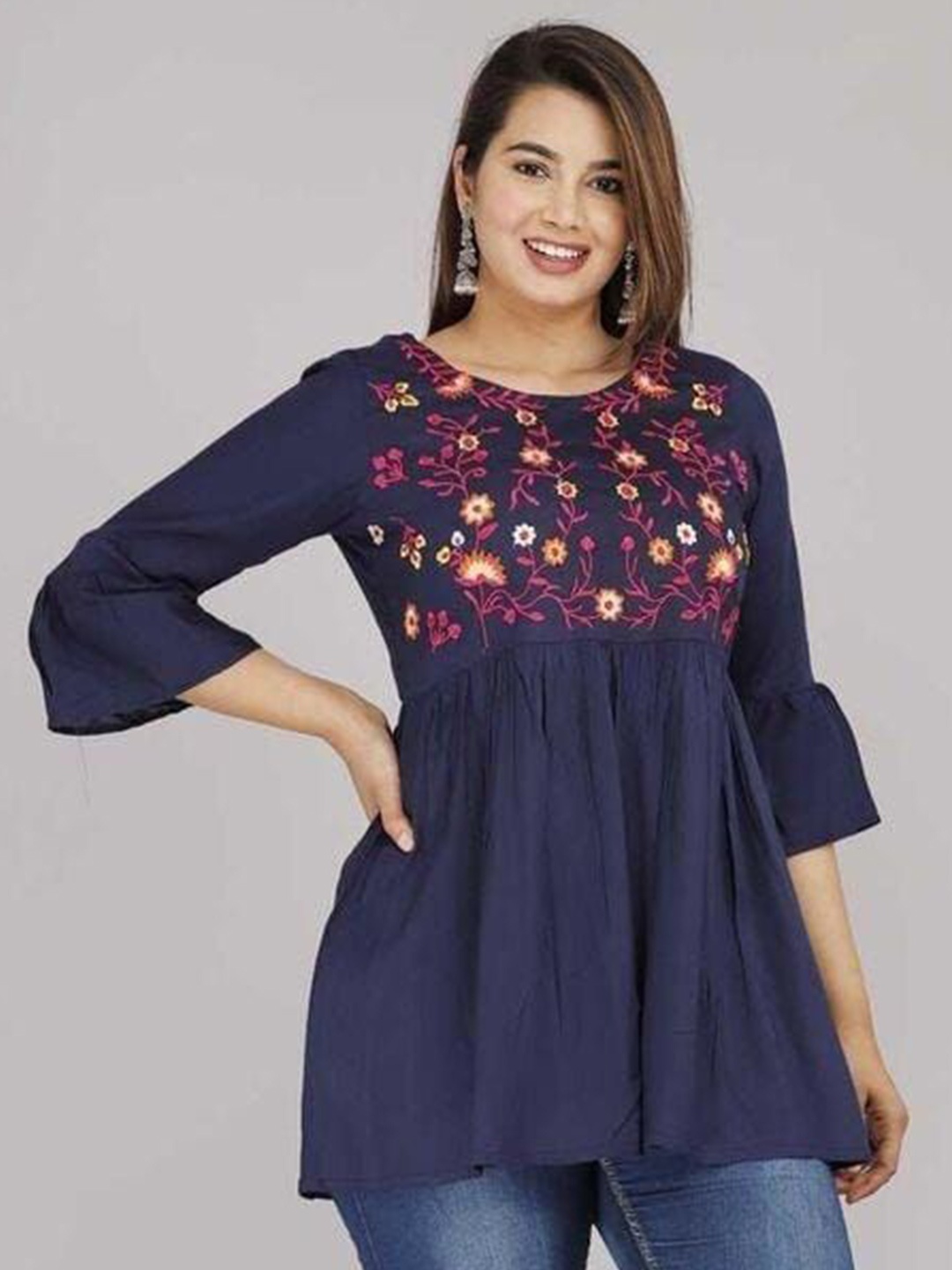 

AAFAMI Women Floral Embroidered Cotton Peplum Top, Blue