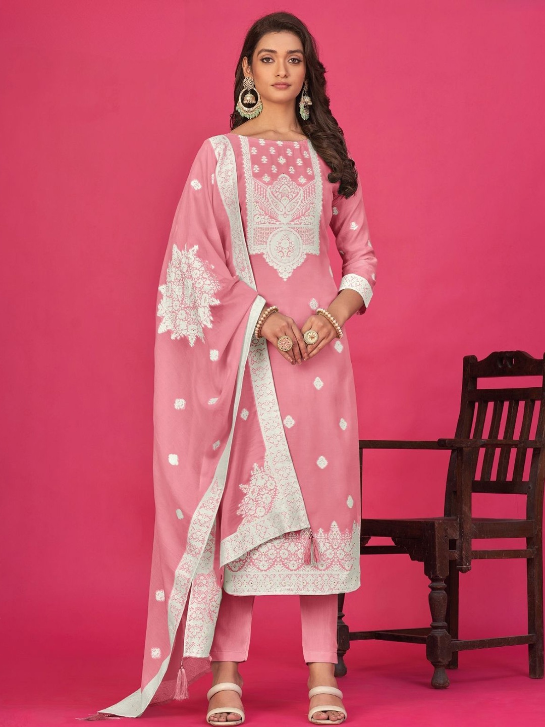 

ODETTE Ethnic Motifs Embroidered Zari Organza Semi-Stitched Dress Material, Pink