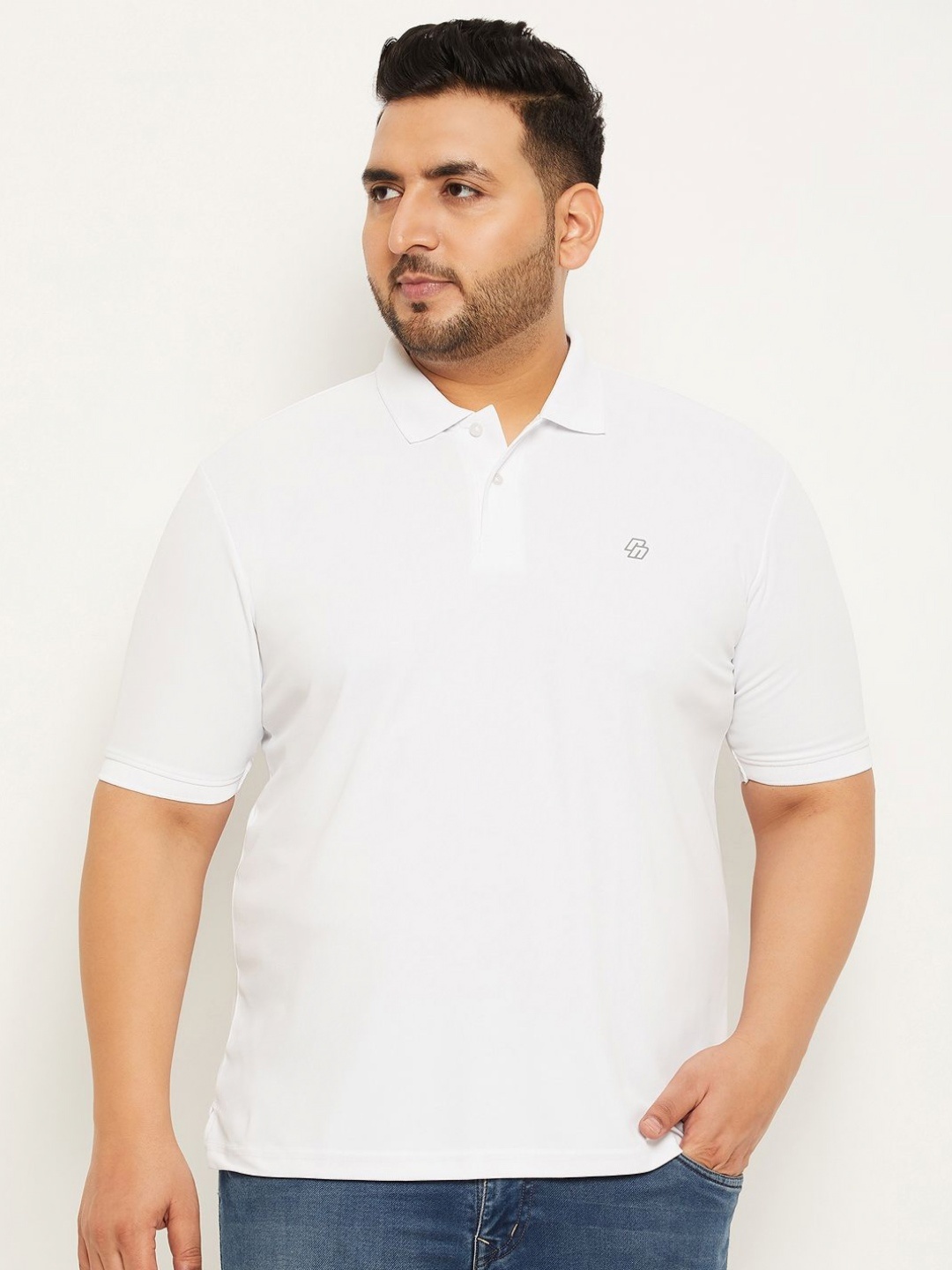 

RENUOVO Men Plus Size Solid Polo Collar Cotton T-shirt, White