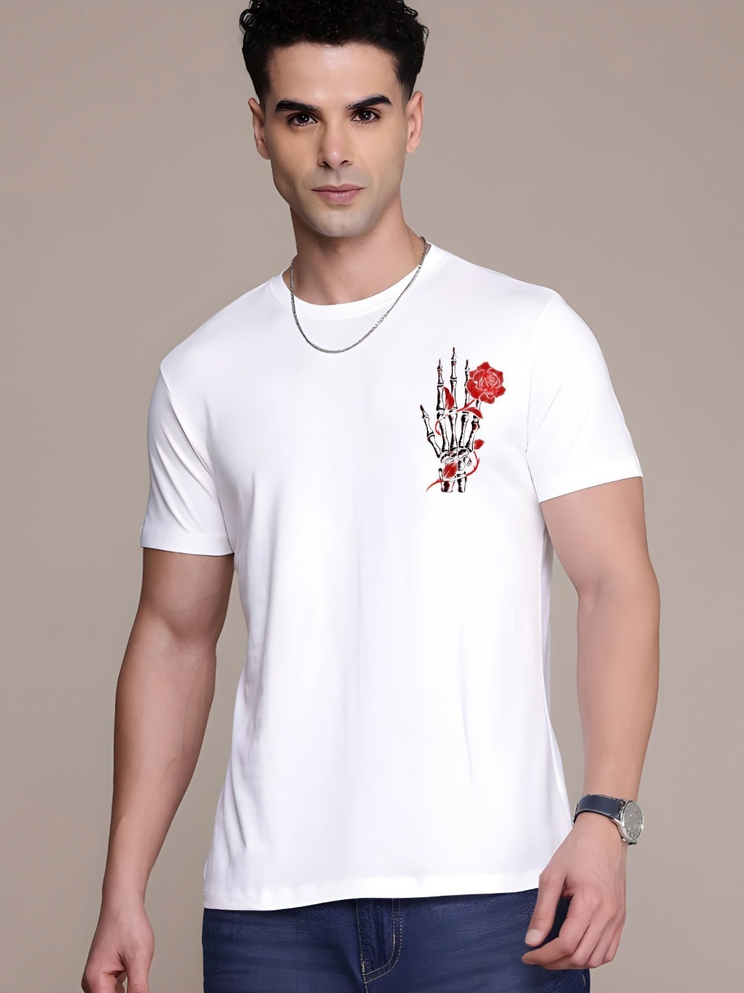 

Moda Rapido Men Floral Printed Round Neck Cotton T-shirt, White