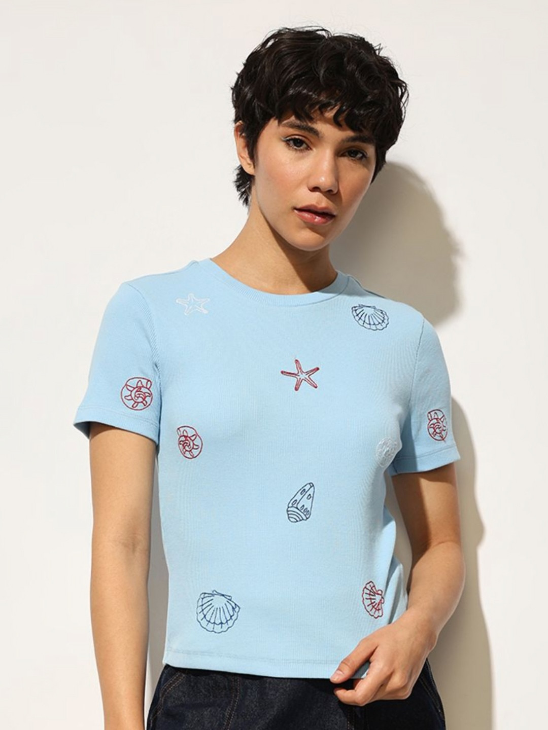 

ONLY Women Conversational Printed Round Neck Cotton T-shirt, Blue