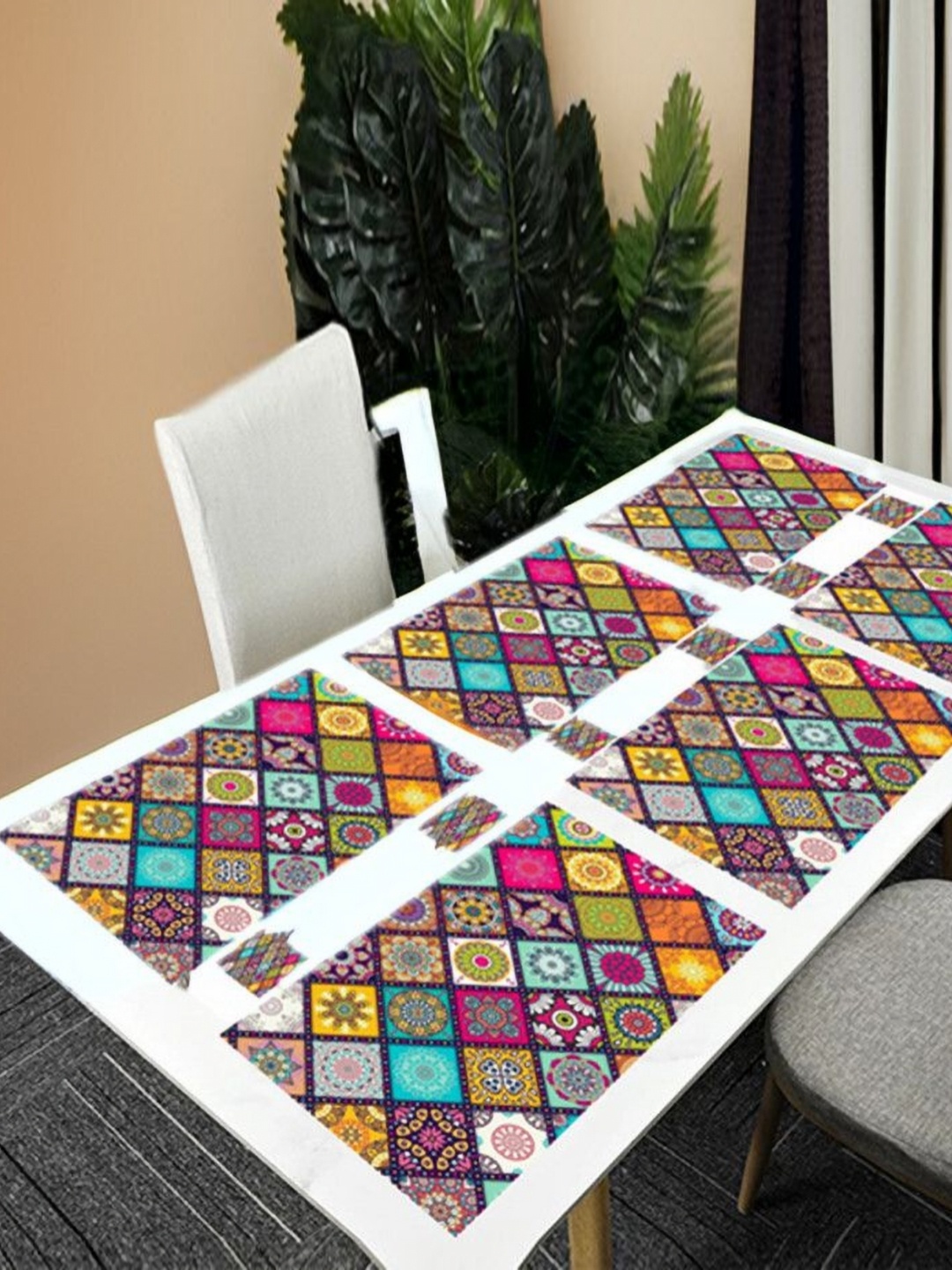 

REVEXO Pink 12 Pcs Ethnic Motifs Printed Rectangular Shaped Coasters & Table Placemats