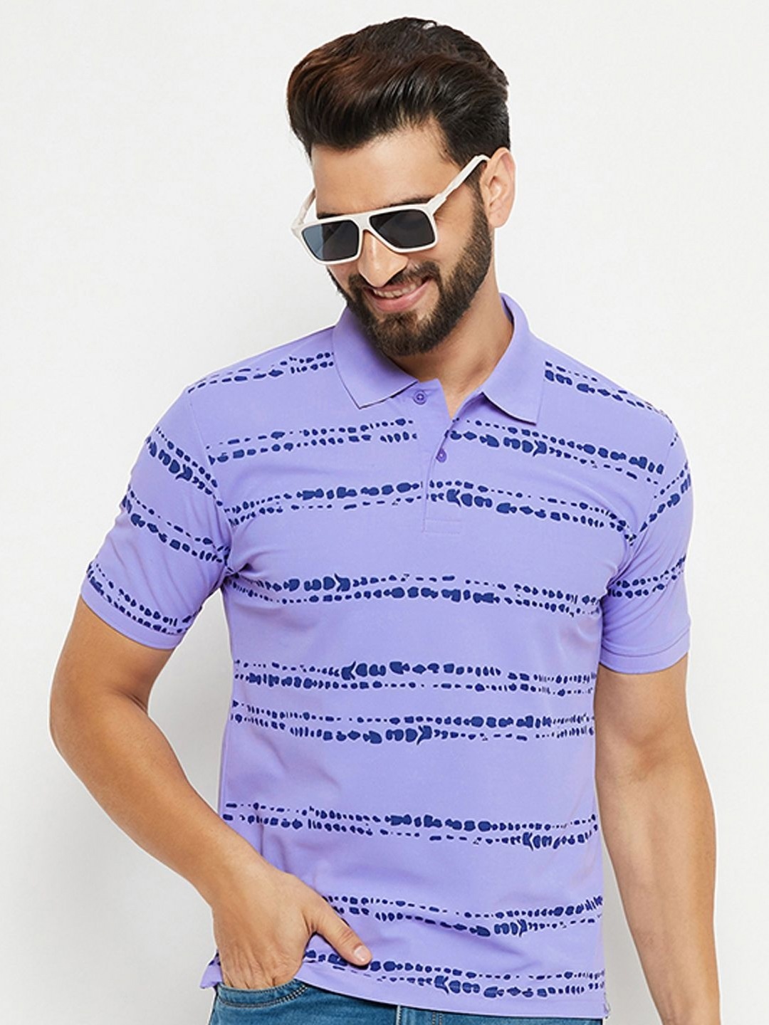 

RENUOVO Men Striped Polo Collar Cotton T-shirt, Lavender