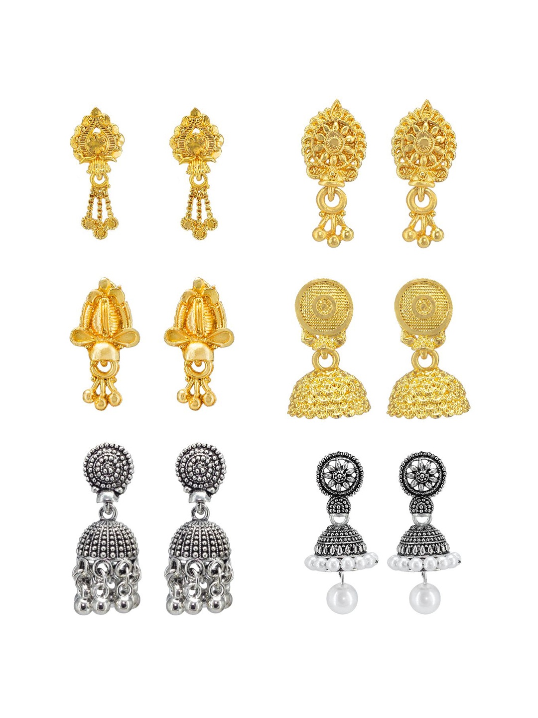 

PRIVIU Set Of 6 Artificial Stones Studded And Beaded Contemporary Jhumkas, Gold