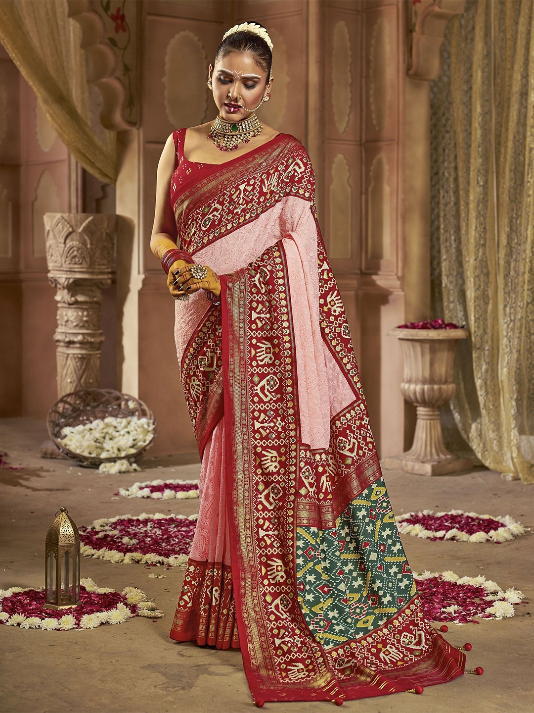 

Moda Rapido Ethnic Motifs Zari Pure Georgette Patola Saree, Pink