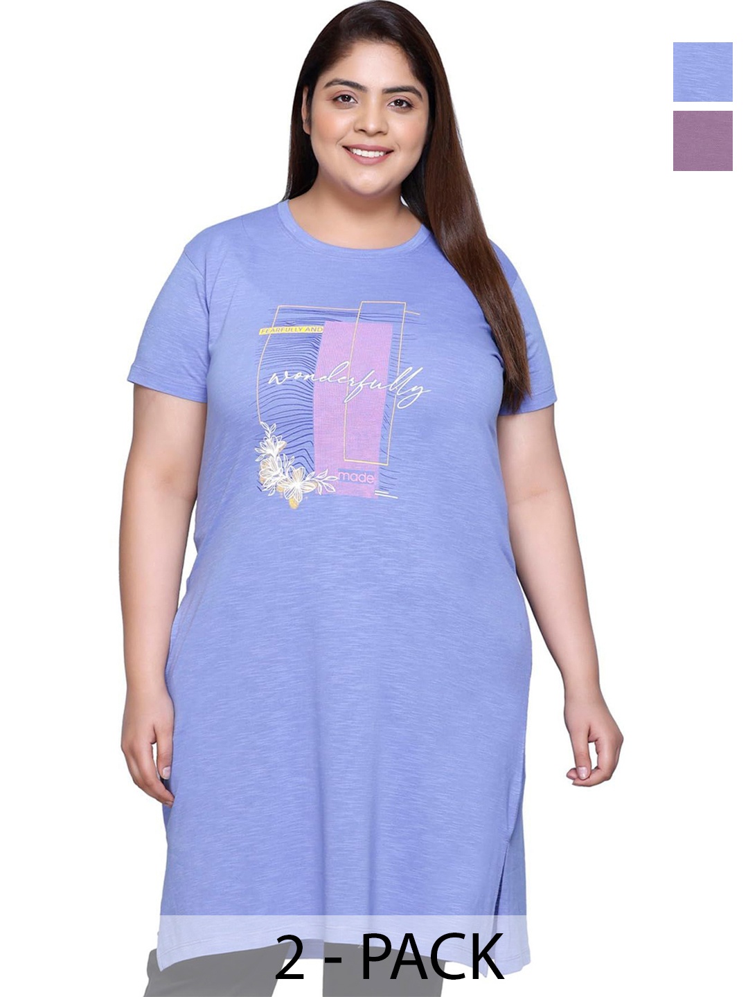 

IN Love Pack of 2 Women Plus Size Front Printed Cotton Nighty Chemise, Blue