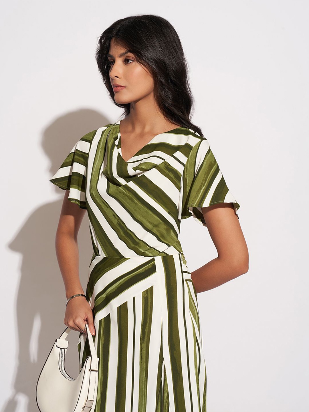 

Annabelle by Pantaloons Women Vertical Striped Cowl Neck Top, Olive