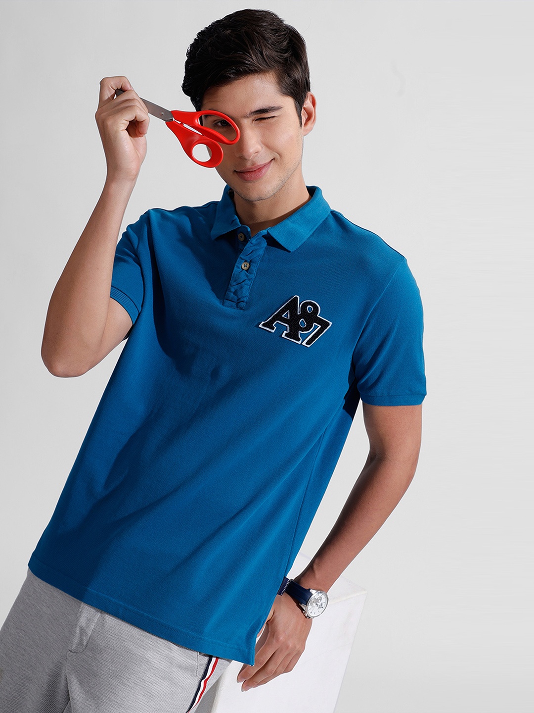 

Aeropostale Brand Logo Applique Detailed Polo Collar Pure Cotton T-shirt, Navy blue