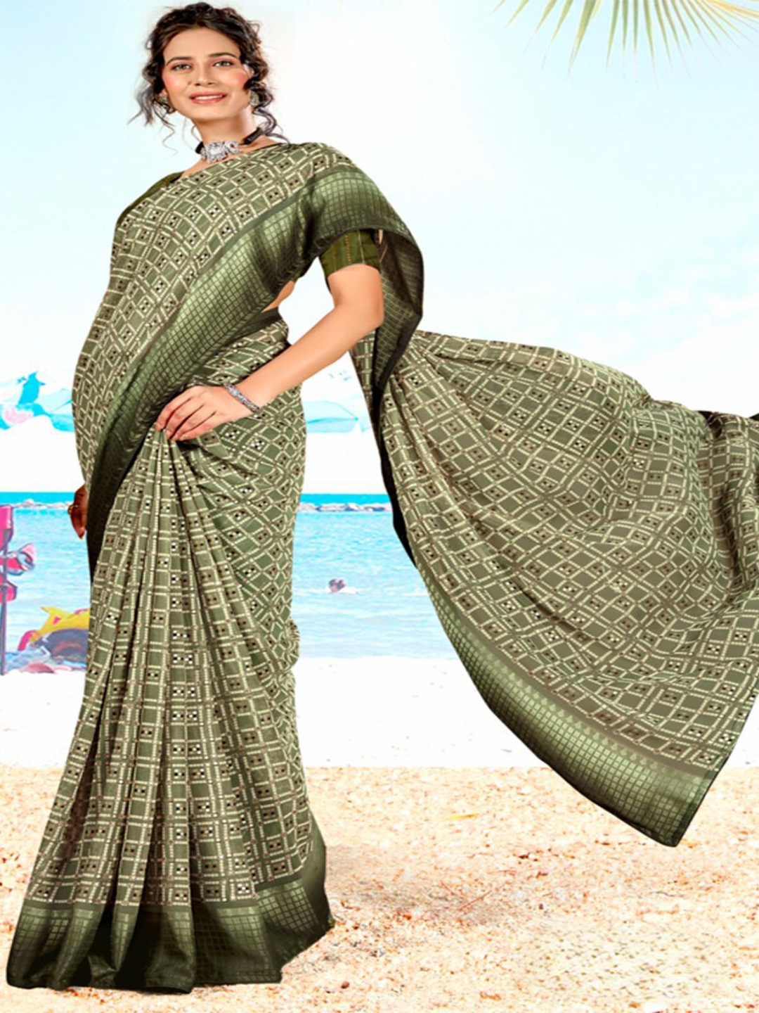 

SHOPPKEE Women Bandhani Sequinned Maheshwari Saree, Green