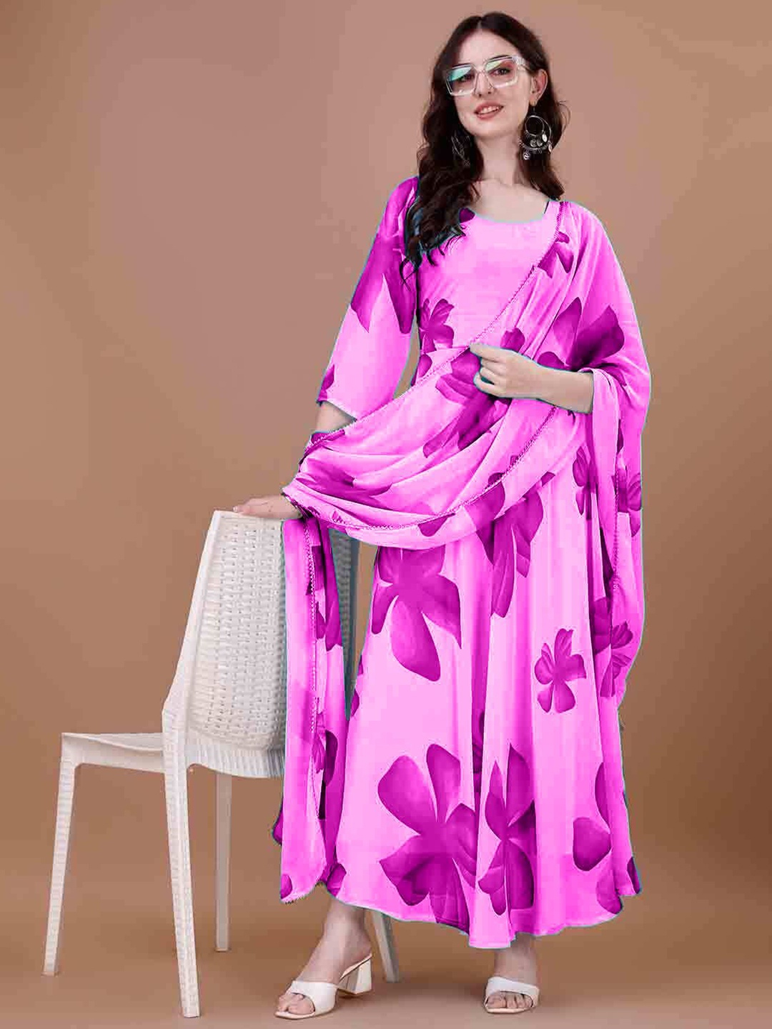 

Jash Creation Women Floral Printed A-line Maxi Dress With Dupatta, Pink