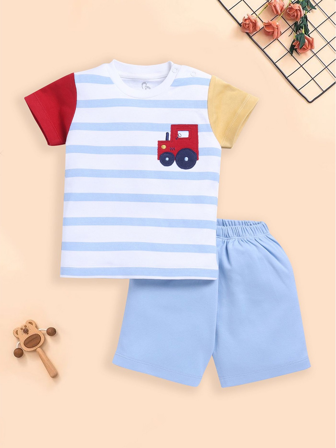 

BABY GO Boys Striped Round Neck T-shirt With Shorts, Blue