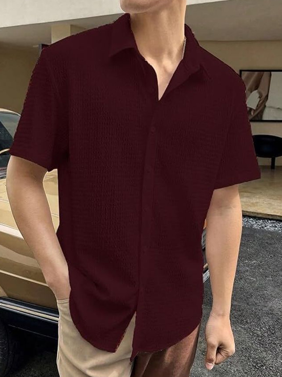 

iCome Men Relaxed Fit Spread Collar Textured Casual Shirt, Maroon