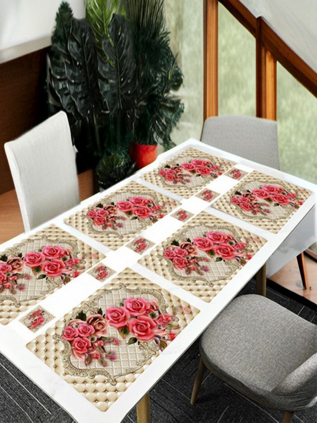 

REVEXO 6Pc Beige & Pink Printed Rectangle Costers & Table Placemats