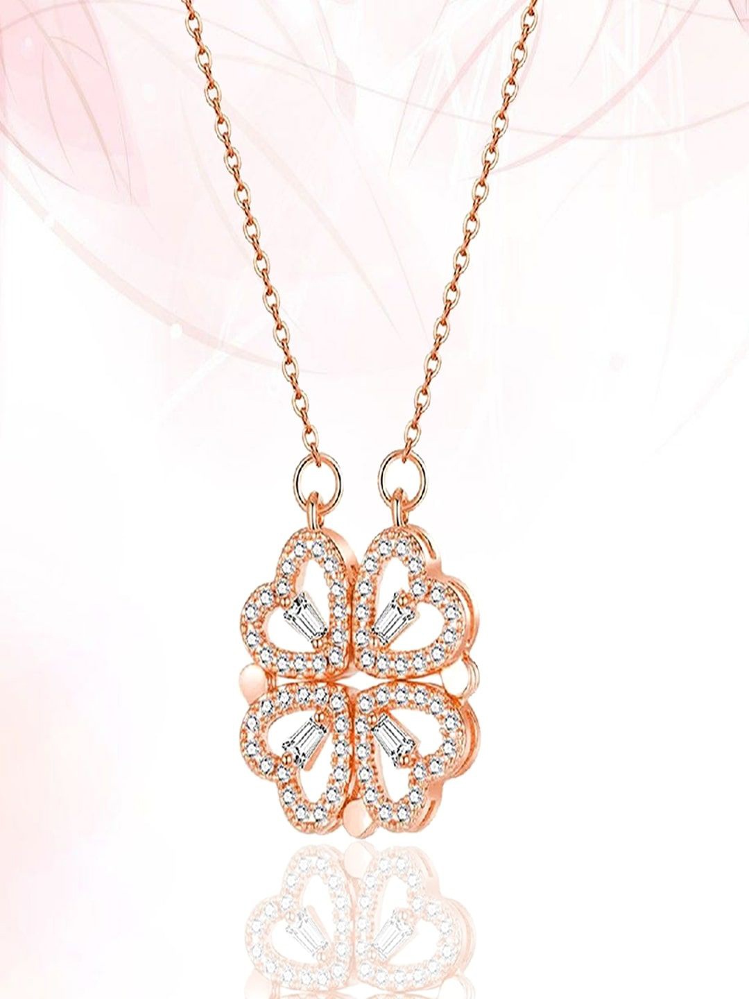 

DressBerry Gold-Plated Cubic Zirconia Studded Floral Heart Shaped Pendants With Chains