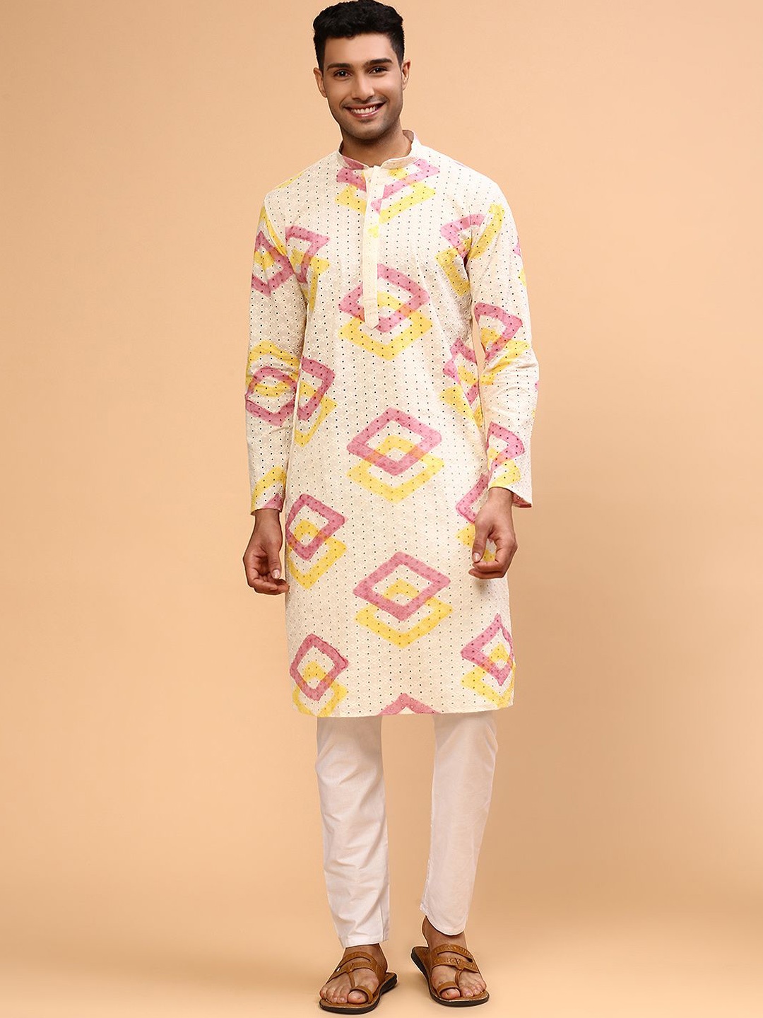 

CS EL Abstract Printed Mandarin Collar Pure Cotton Straight Kurta, Pink