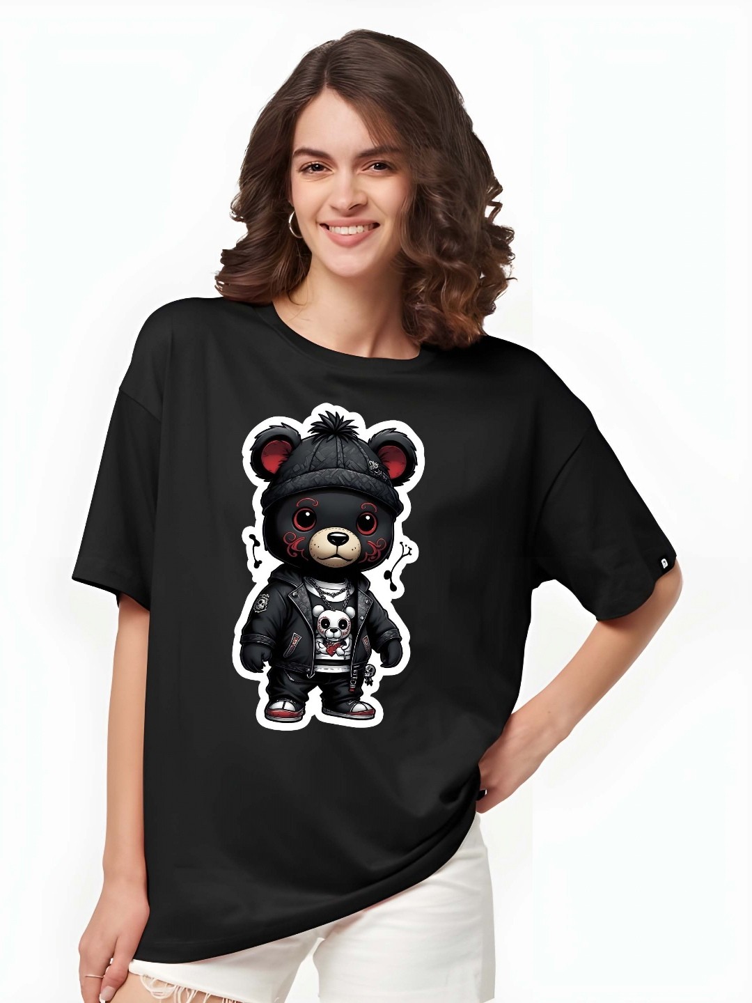 

SZN Women Graphic Printed Round Neck Cotton Oversized T-shirt, Black