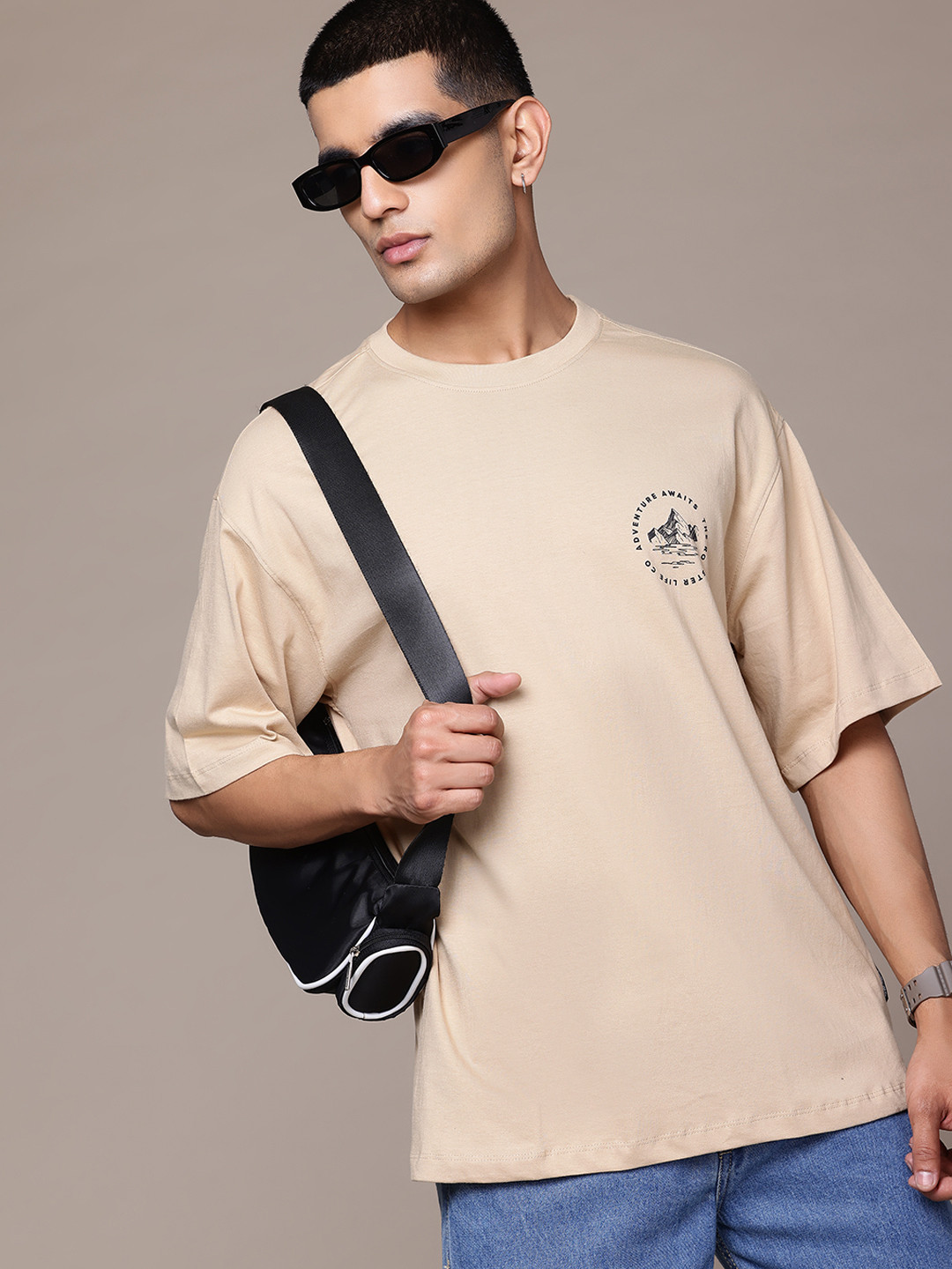 

The Roadster Lifestyle Co. Printed Drop-Shoulder Sleeves Pure Cotton Relaxed Fit T-Shirt, Beige