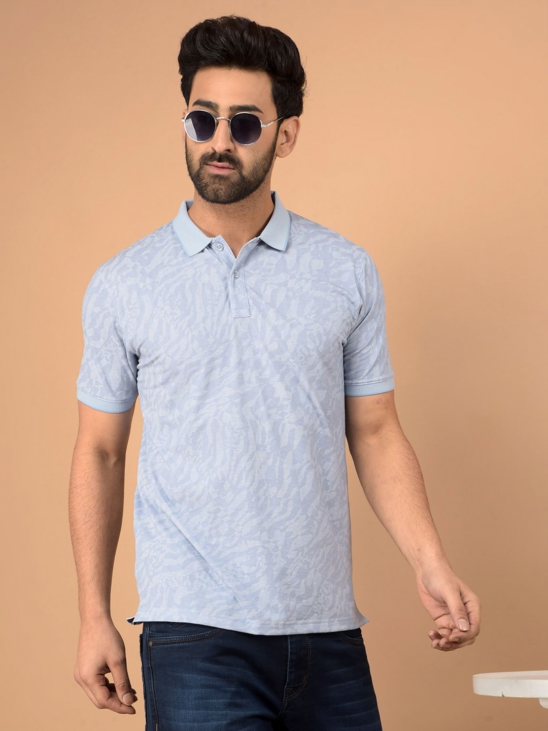 

Crimsoune Club Men Printed Polo Collar Raw Edge Slim Fit T-shirt, Blue