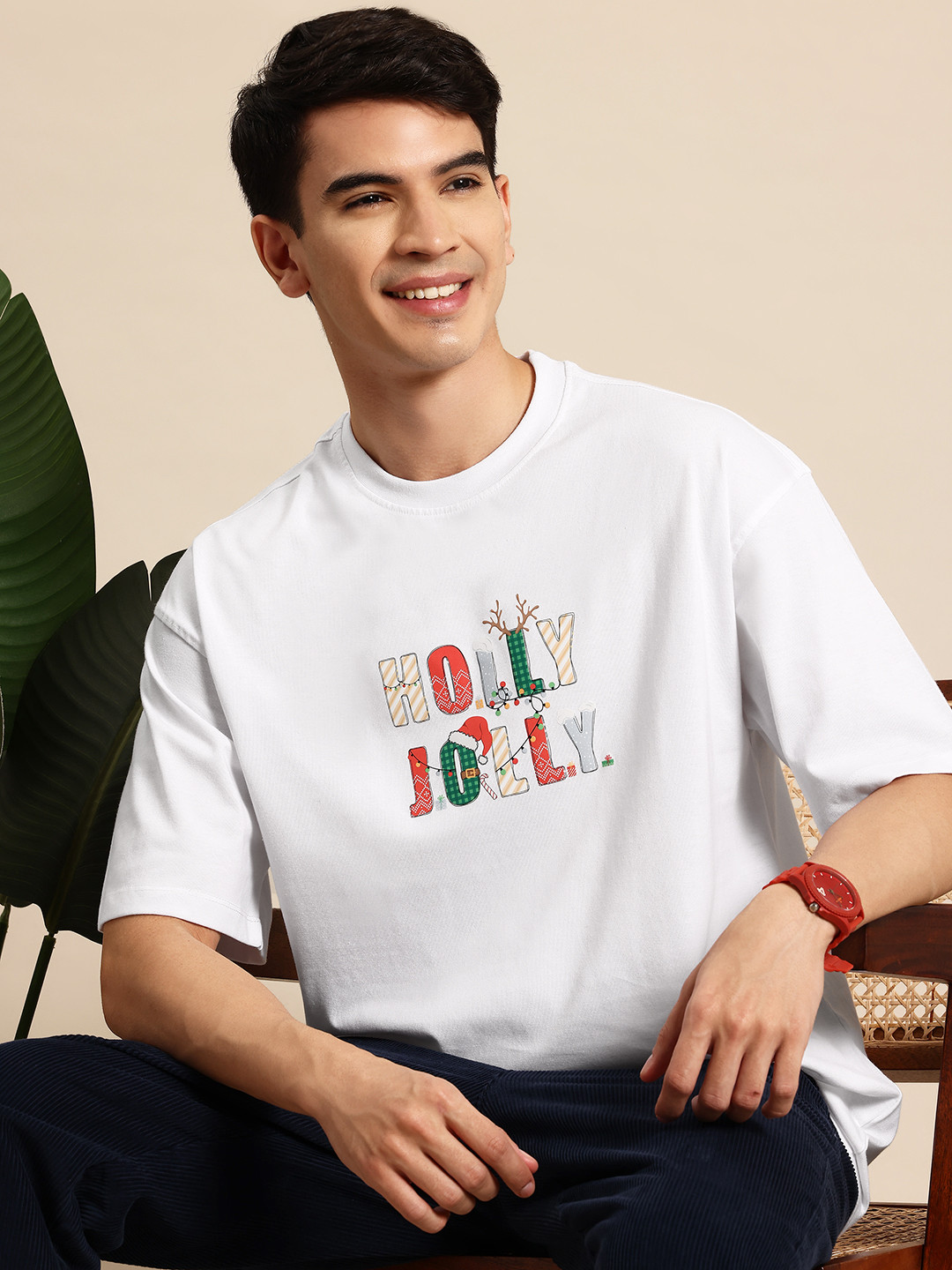 

Mast & Harbour Christmas Printed Drop-Shoulder Sleeves T-shirt, White