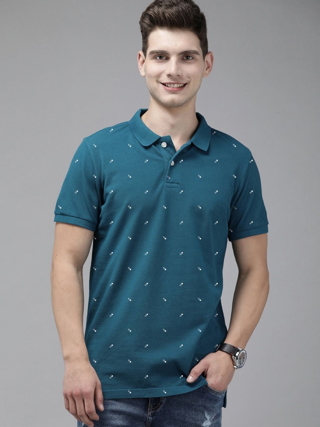 

MERRIMENT Men Printed Polo Collar Tropical T-shirt, Teal