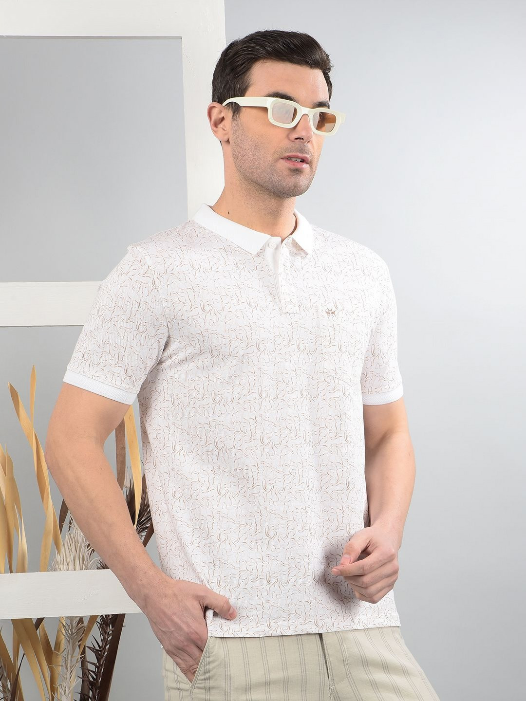 

Crimsoune Club Men Abstract Printed Polo Collar Cotton Slim Fit T-shirt, Off white