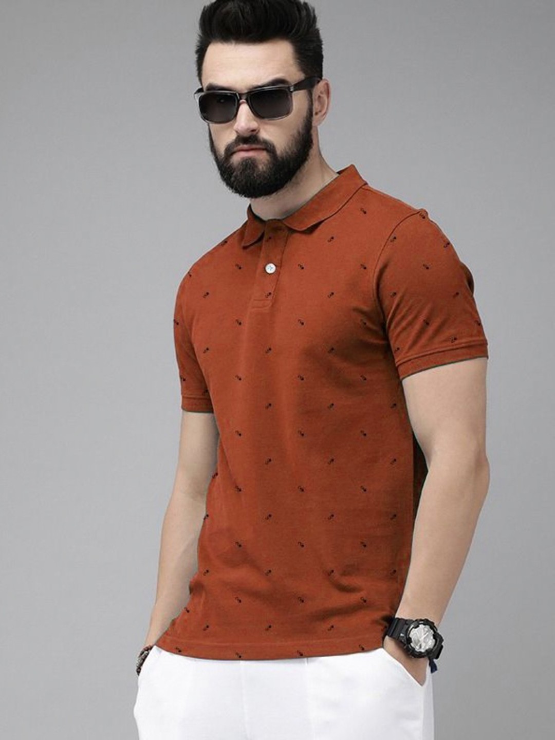 

MERRIMENT Men Geometric Printed Polo Collar Cotton T-shirt, Maroon