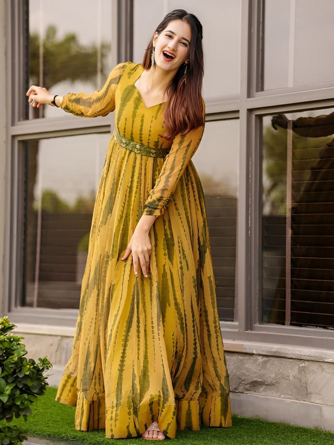 

Krunal Raiyani Women Tie and Dye V-Neck Long Sleeves Fit & Flare Maxi Dress with a belt, Yellow