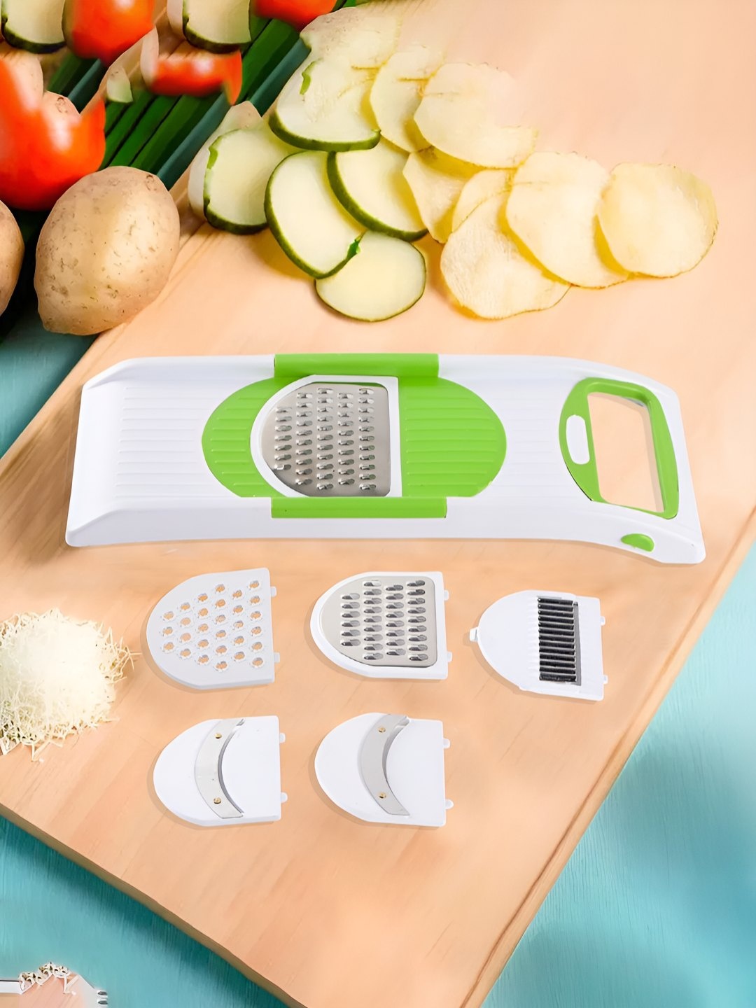 

Kuber Industries White & Green 6 in 1 Vegetable Grater & Slicer