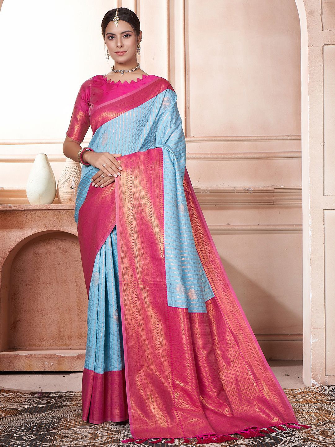 

LeeliPeeri Designer Ethnic Motifs Zari Silk Blend Designer Kanjeevaram Saree, Blue