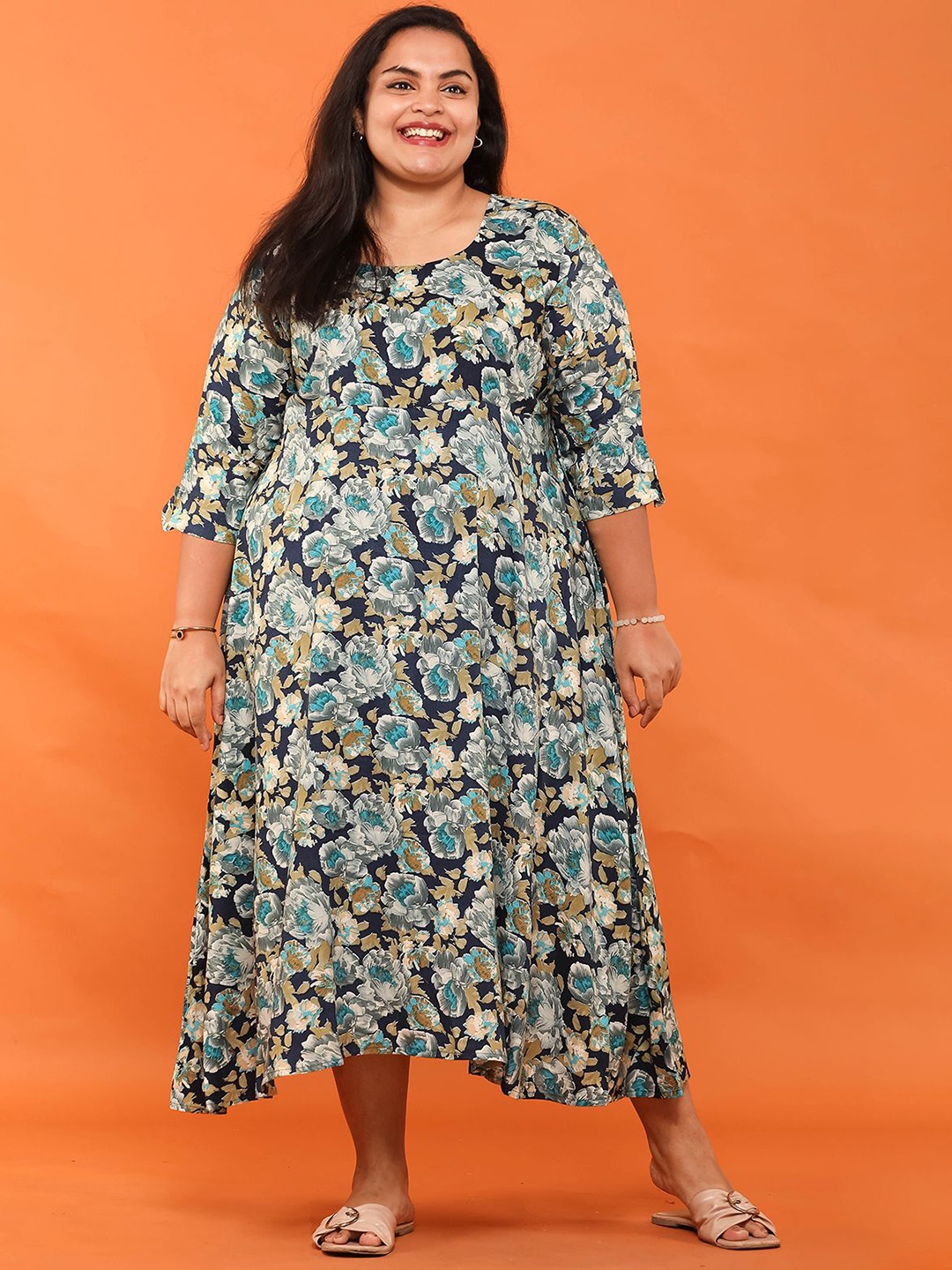 

EASY 2 WEAR Women's Plus Size Floral Print Midi Dress, Navy blue