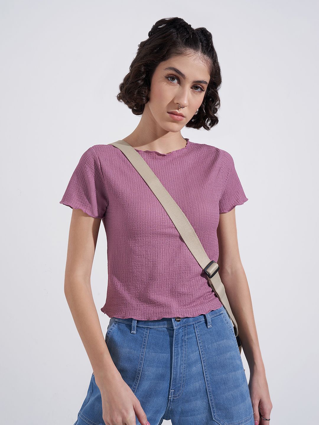 

SF JEANS by Pantaloons Women Solid Round Neck Top, Mauve