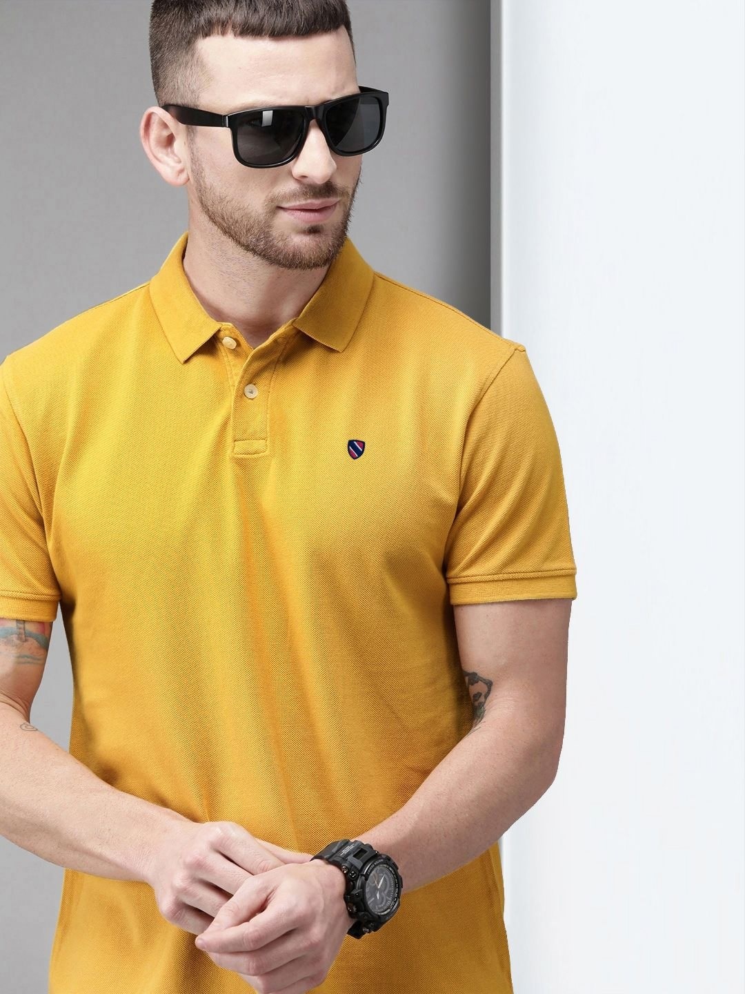 

MERRIMENT Men Solid Polo Collar Cotton T-shirt, Mustard