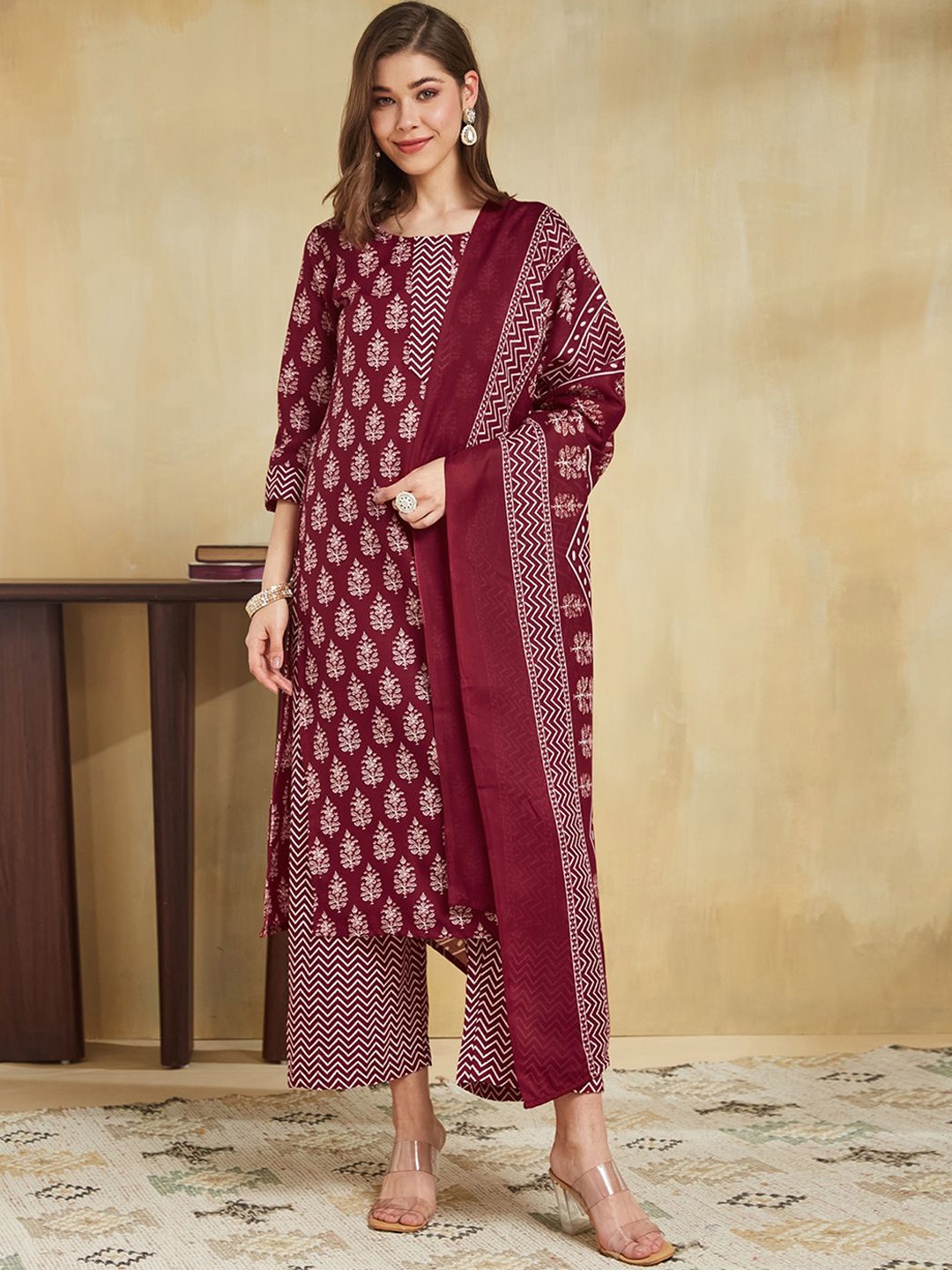 

KALINI Ethnic Motifs Printed Round Neck Straight Kurta With Palazzo And Dupatta, Maroon