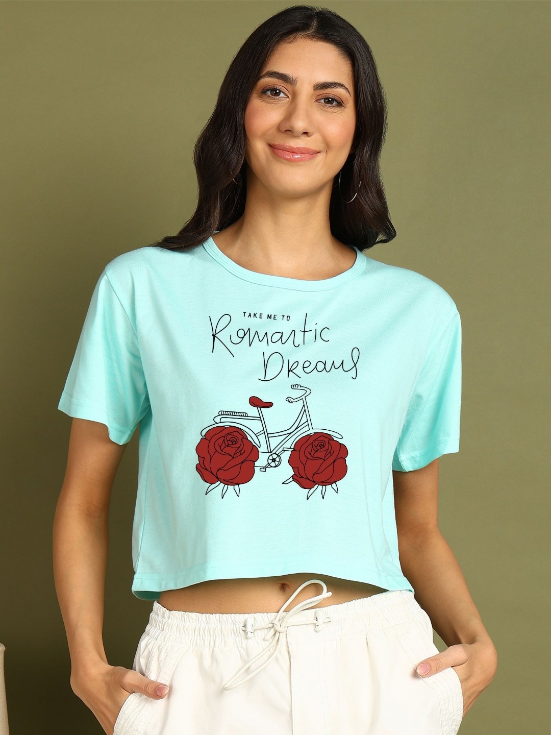 

CHOZI Women Graphic Printed Bio Finish Cotton Crop T-shirt, Turquoise blue