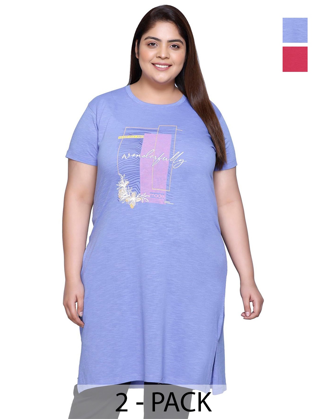 

IN Love Pack of 2 Women Plus Size Front Printed Cotton Nighty Chemise, Blue