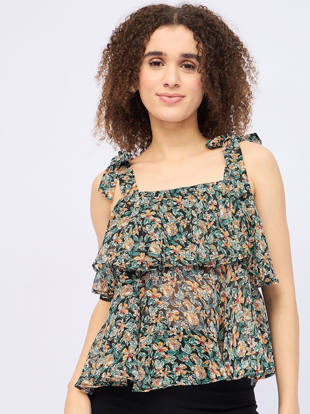 

DressBerry Women Floral Print Shoulder Straps Sleeveless Tiered Top, Black