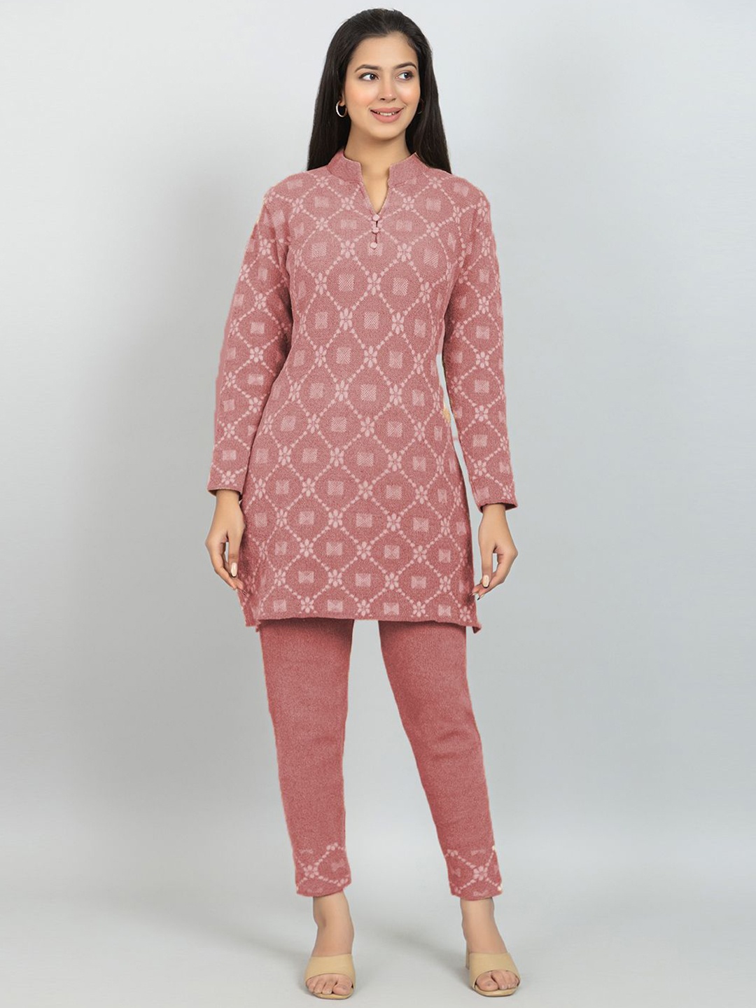 

Wool's Kart Printed Mandarin Collar Tunic With Trouser, Red