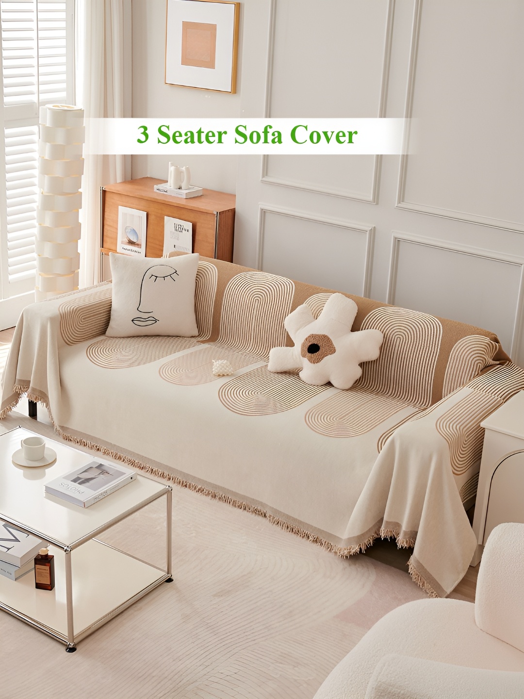 

HOKIPO Brown Chenille Printed 3 Seater Sofa Throw
