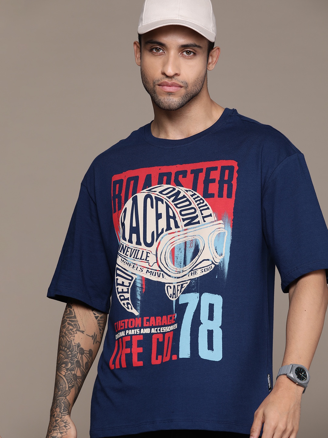 

The Roadster Lifestyle Co. Printed Pure Cotton Oversized T-shirt, Navy blue