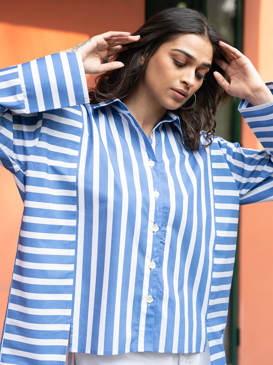 

GULABOSITABO Women Striped Pure Cotton Shirt Style Top, Blue