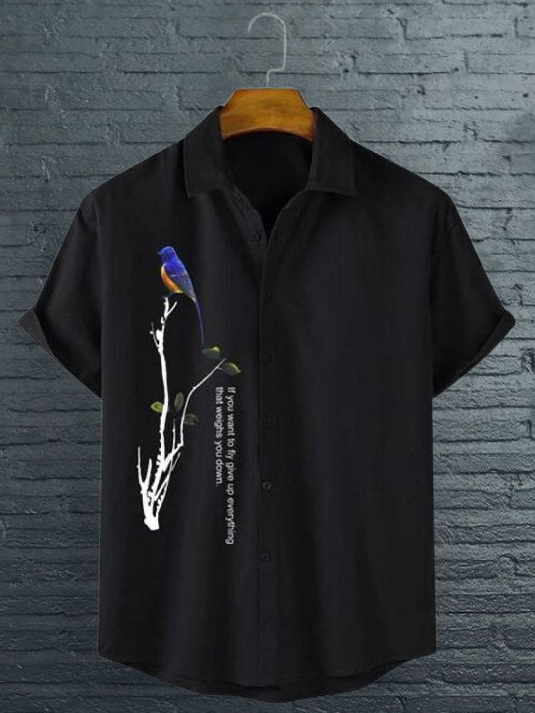 

iCome Men Spread Collar Graphic Printed Cotton Linen Casual Shirt, Black