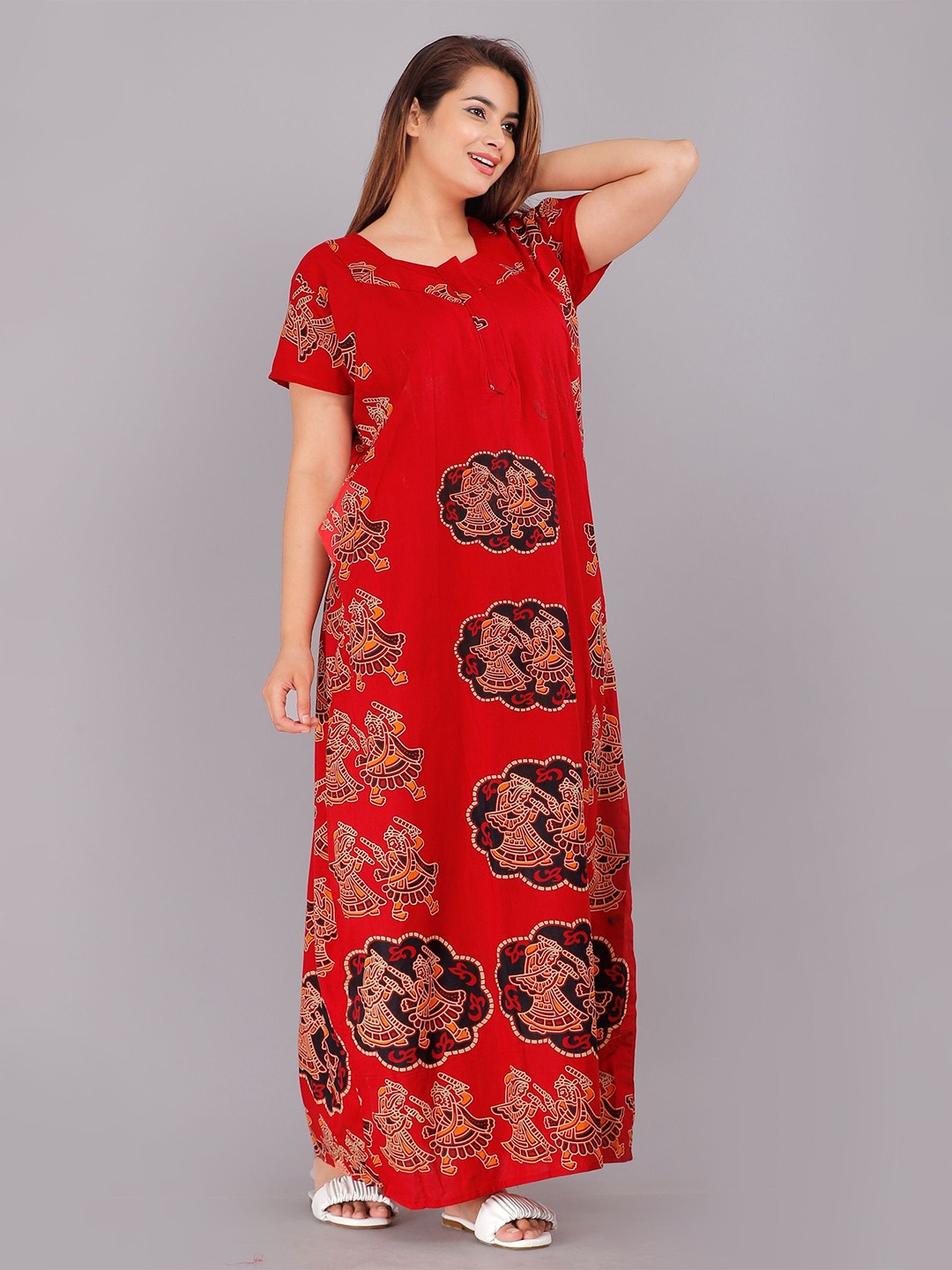 

PR PINK ROYAL Women Floral Printed Pure Cotton Maxi Nightdress, Red