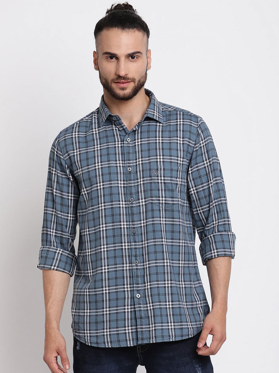 

Cantabil Men Comfort Fit Spread Collar Tartan Checked Cotton Casual Shirt, Grey