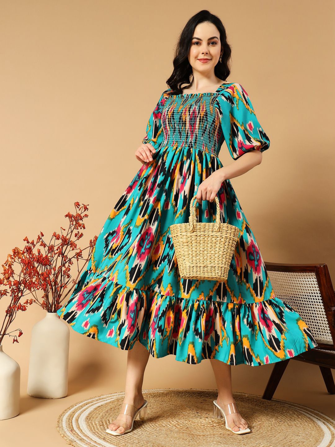 

ZWERLON Print Puff Sleeve Applique A-Line Midi Dress, Green