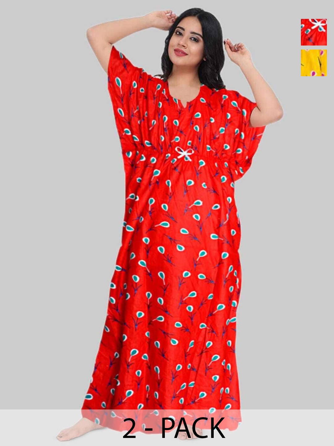 

PR PINK ROYAL Women Pack Of 2 Printed Pure Cotton Maxi Kaftan Nightdress, Red
