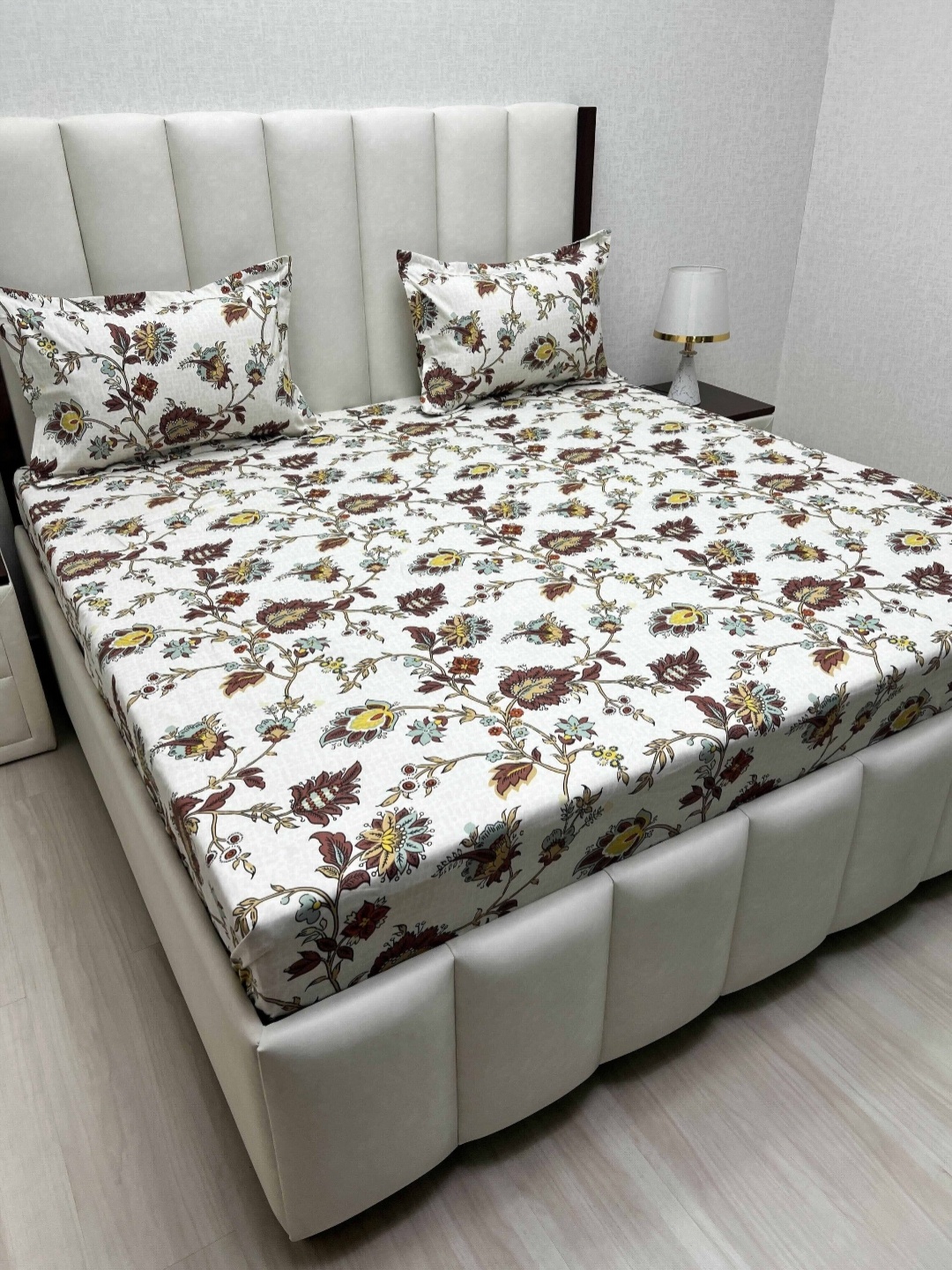 

Pure Decor White & Brown Printed Microfiber 240 TC Queen Bedsheet Set 2.28 m x 2.54m