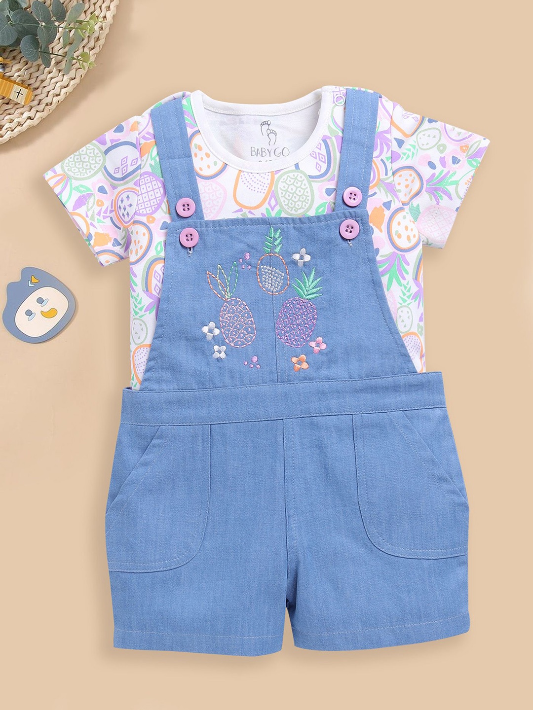 

BABY GO Boys Embroidered Cotton Dungaree With Printed T-Shirt, Blue