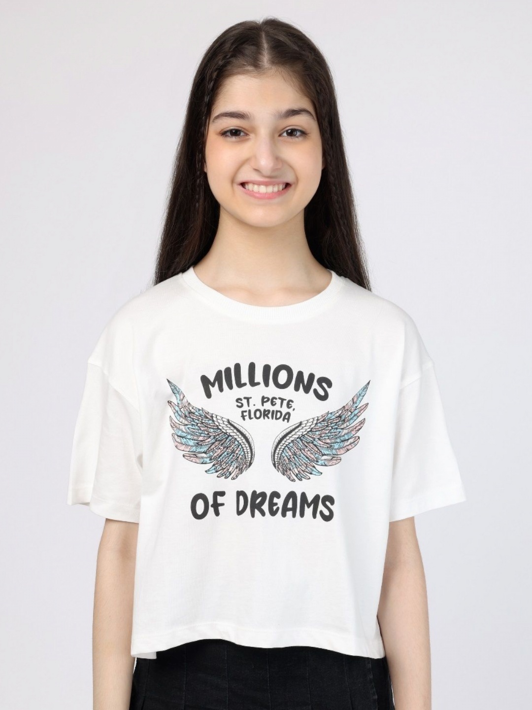 

Wakai Girls Typography Printed Organic Cotton Applique T-shirt, Off white